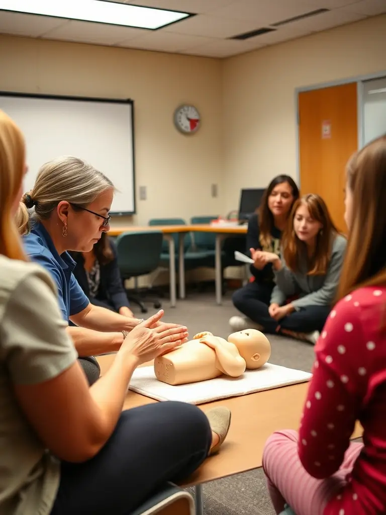A photo of a CPR instructor teaching child and infant CPR techniques to a group of parents, focusing on the differences in hand placement and pressure.
