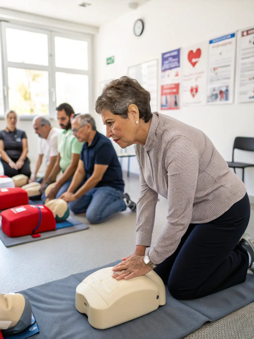 A diverse group of people participating in a CPR training session, focused on the hands-on learning aspect, with an instructor guiding them.