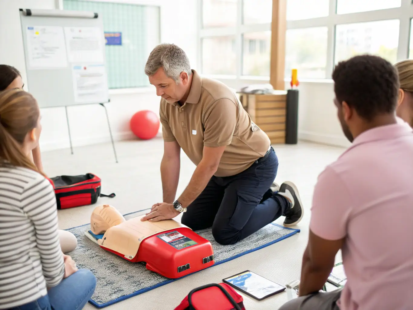 A person using an AED on a mannequin during a training session, with a focus on the digital display and the placement of the AED pads.
