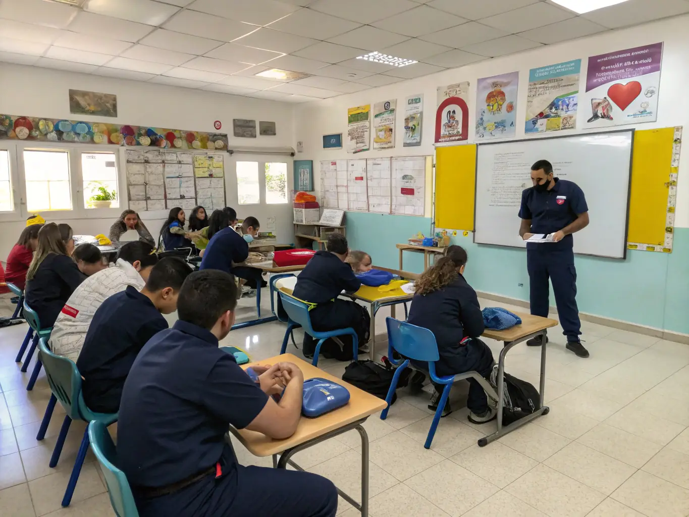 A group of children learning basic first aid techniques, with an instructor demonstrating how to bandage a simulated wound.