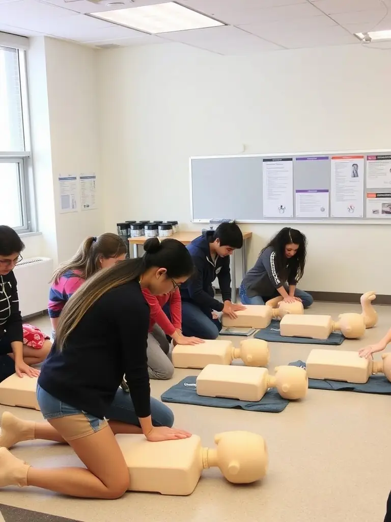 A photo of a group of teenagers participating in a CPR training session, showing them practicing rescue breathing and teamwork.