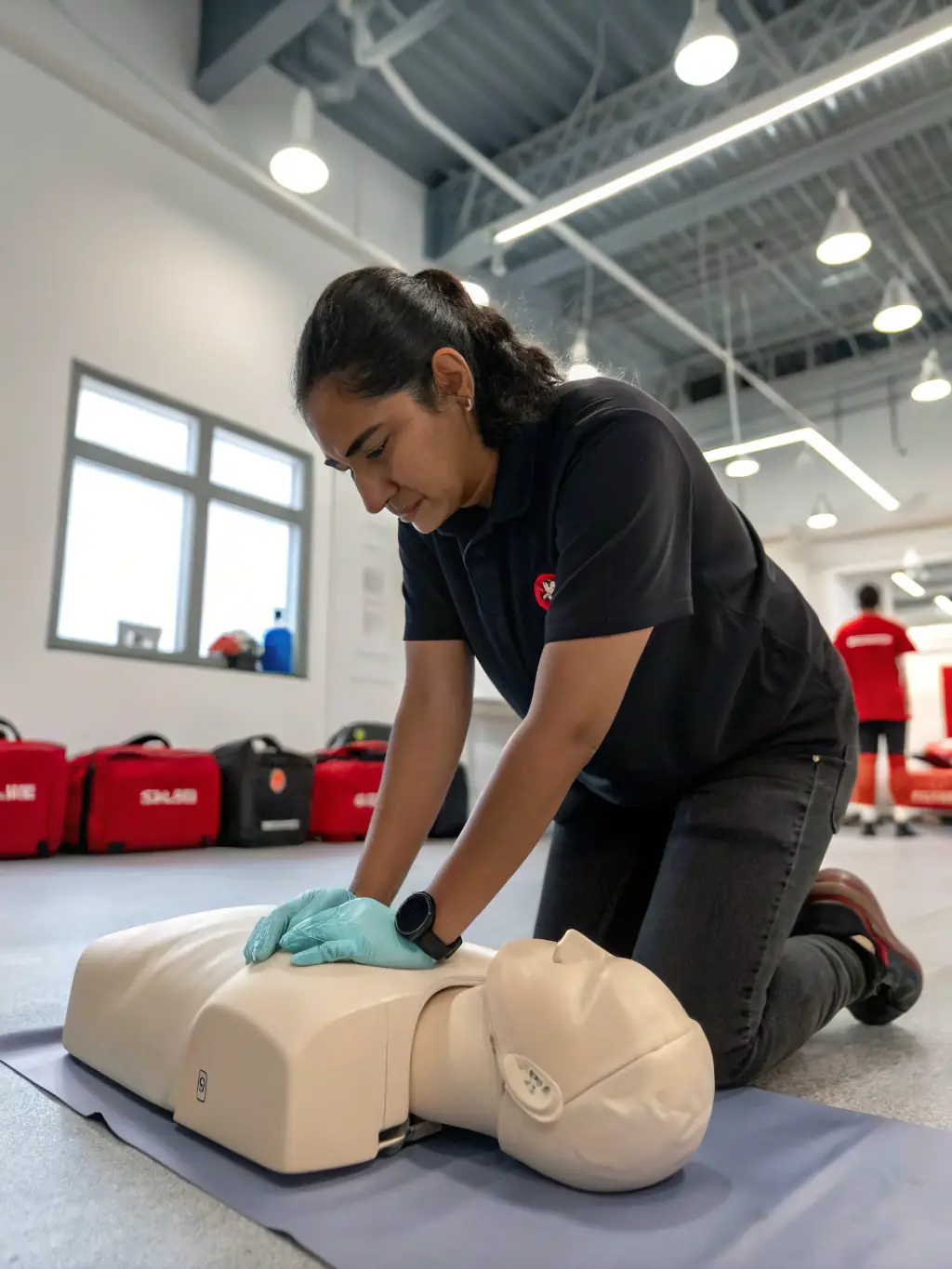 A photo of a healthcare professional teaching a blended learning CPR course, with some students practicing hands-on skills and others watching online modules.